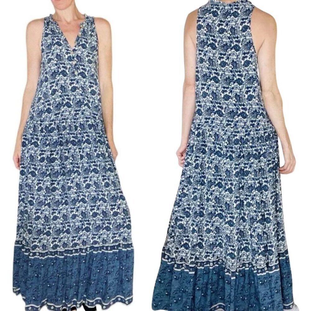 Mango Floral Paisley Print Button Up Tiered Maxi Dress Women's 2 Blue White NWT